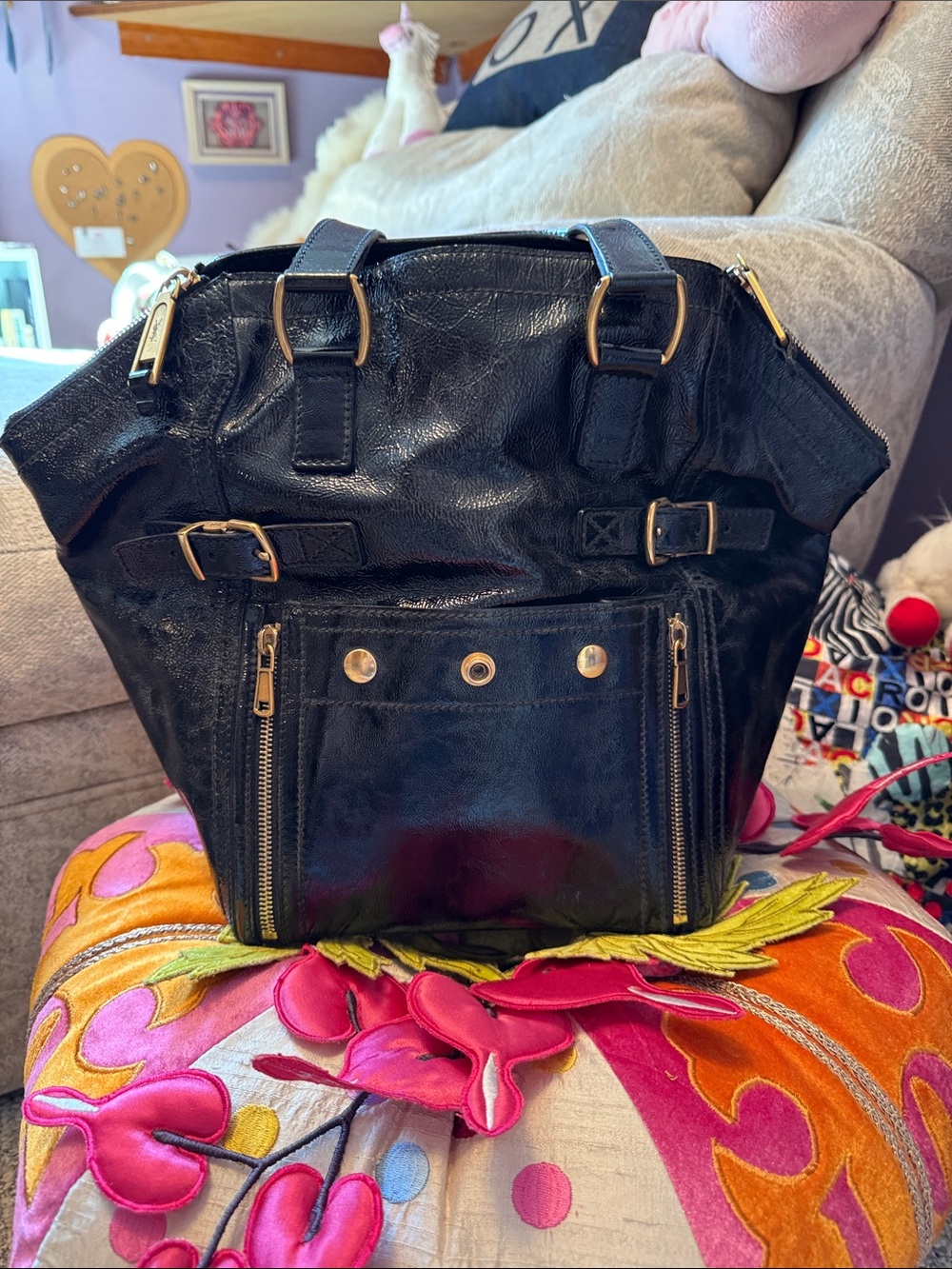Yves Saint Laurent Black Downtown Tote with Gold Hardware